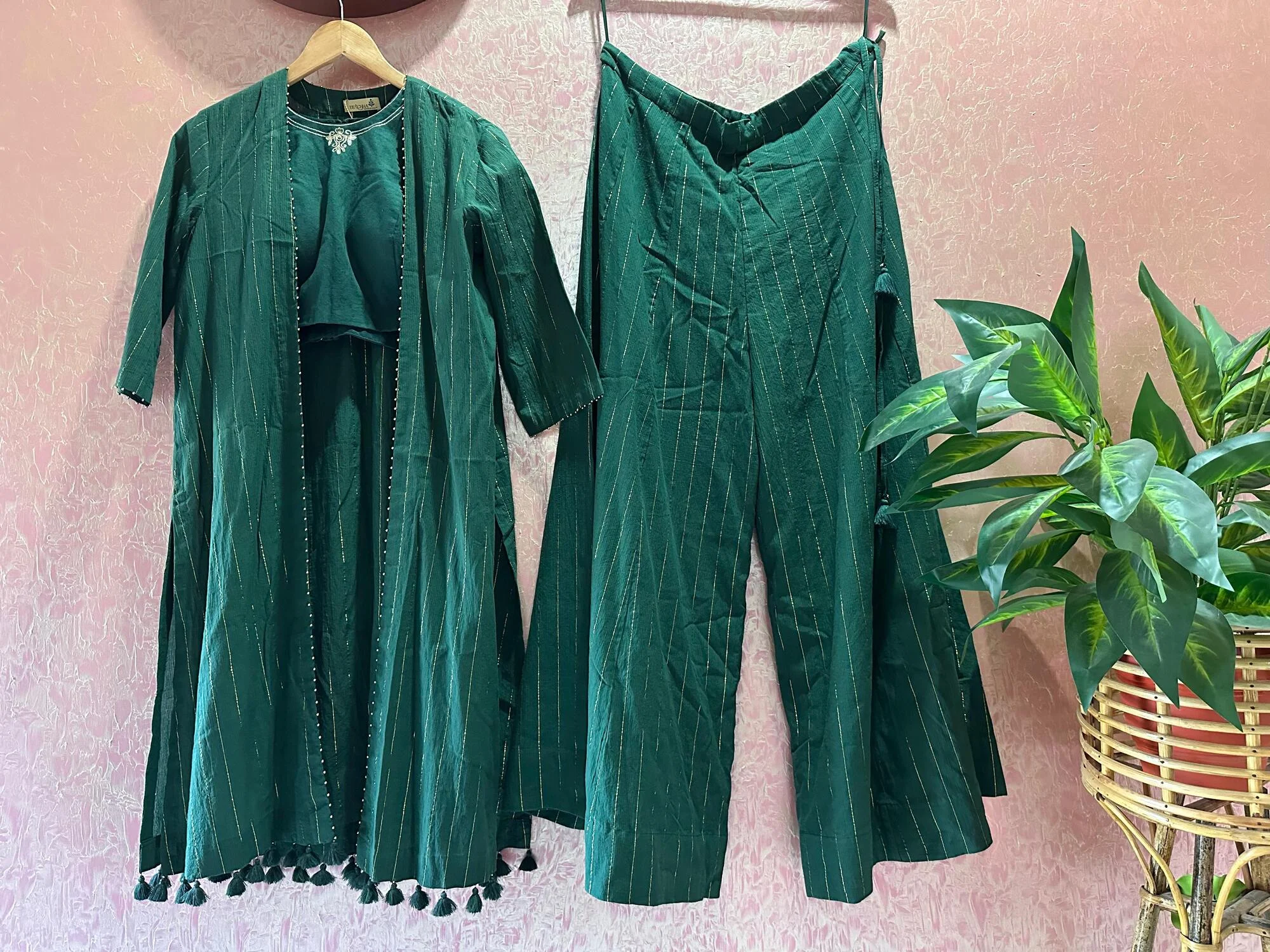 Green Handcrafted Three-Piece Gharara Set